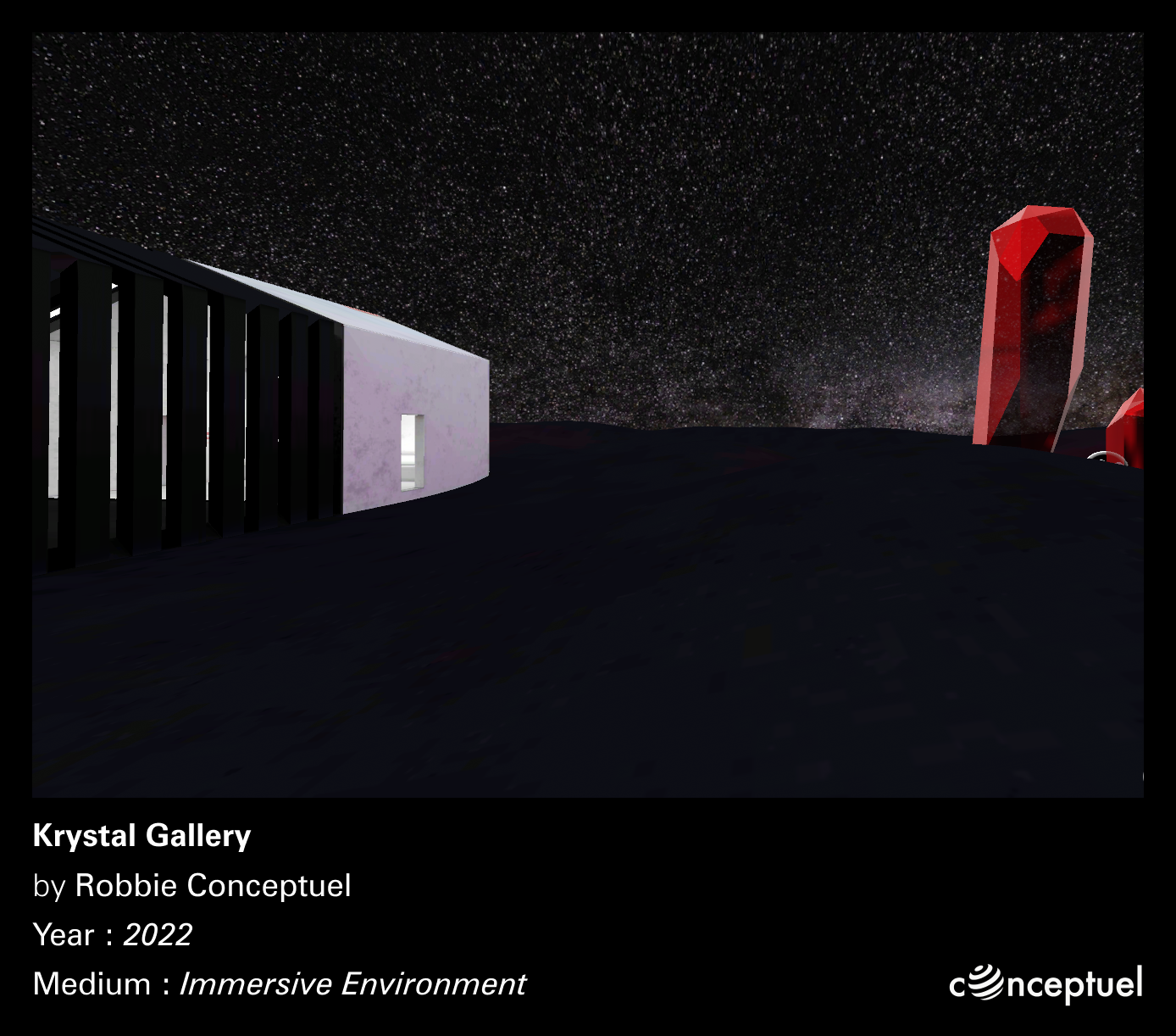 Crystal-themed exhibition space with ambient lighting